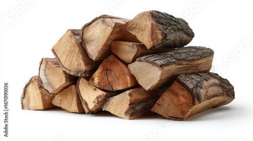 A 4K photo of stack of neatly arranged firewood logs isolated on a white background ideal for home decor and seasonal themes.