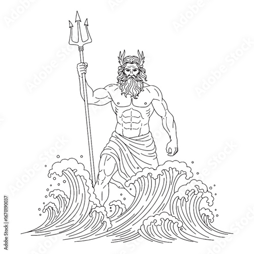 Poseidon Line Art – God of Waves Vector Outline Drawing with Flowing Water Motifs – Poseidon Drawing – Vector of Poseidon – Poseidon Outline – Greek God Lineart