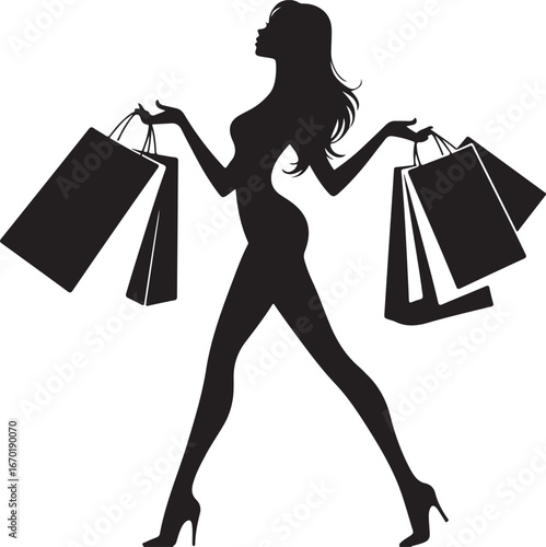 Black Silhouette Woman Holding Shopping Bags Isolated Over White Background Vector Illustration