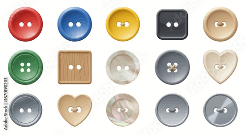Vector Icons Set of Colorful and diverse collection of sewing buttons for fashion and crafts. Vector Illustrations. EPS Editable