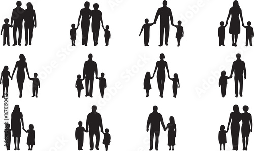 Black silhouettes of families in walk, vector