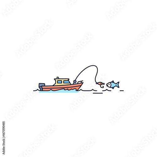 Fishing boat catching fish an illustration of a boat with a fishing rod out on the water tempting a blue fish suitable for recreational fishing guides blogs and marine conservation.