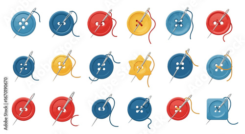 Vector Icons Set of Colorful sewing buttons set with needles and thread vector illustration. Vector Illustrations. EPS Editable