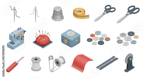 Vector Icons Set of Isometric Sewing and Tailoring Tools Collection Set on White Background. Vector Illustrations. EPS Editable