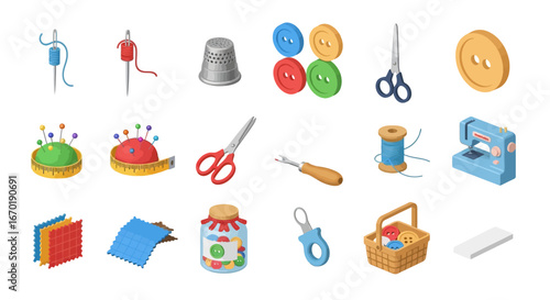 Vector Icons Set of Isometric Sewing and Tailoring Supplies Vector Icon Set. Vector Illustrations. EPS Editable