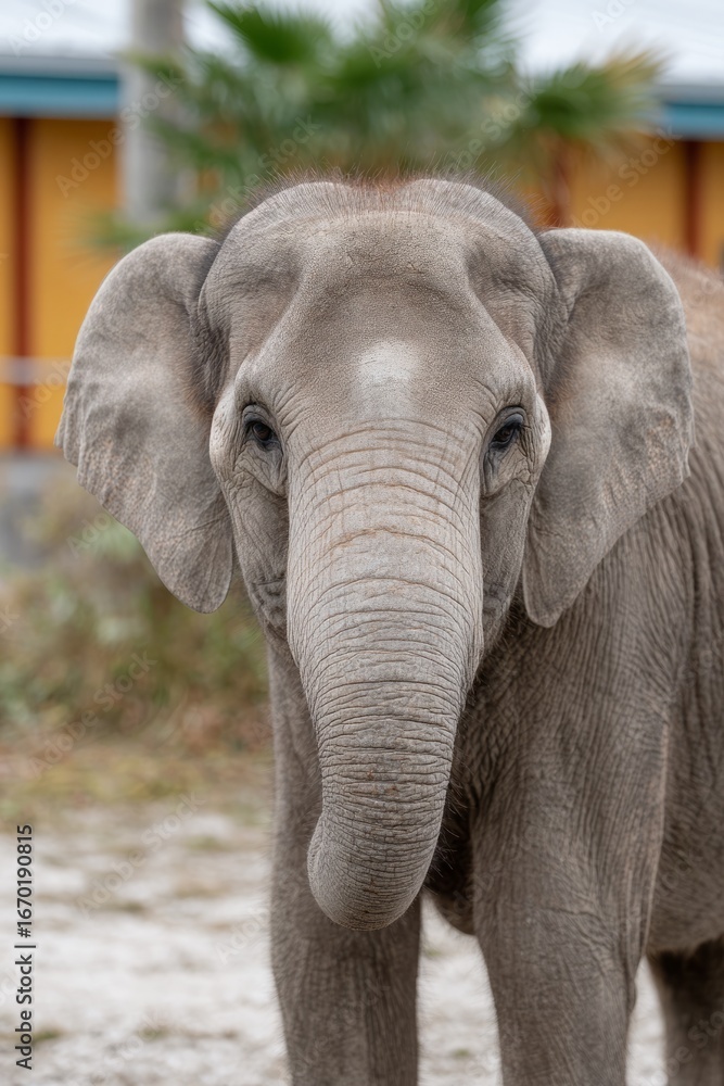 Fototapeta premium Close-up of a grey elephant standing outdoors in a natural setting.
