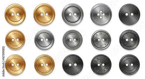 Vector Icons Set of Realistic metal clothing buttons set in gold silver and black isolated on white. Vector Illustrations. EPS Editable