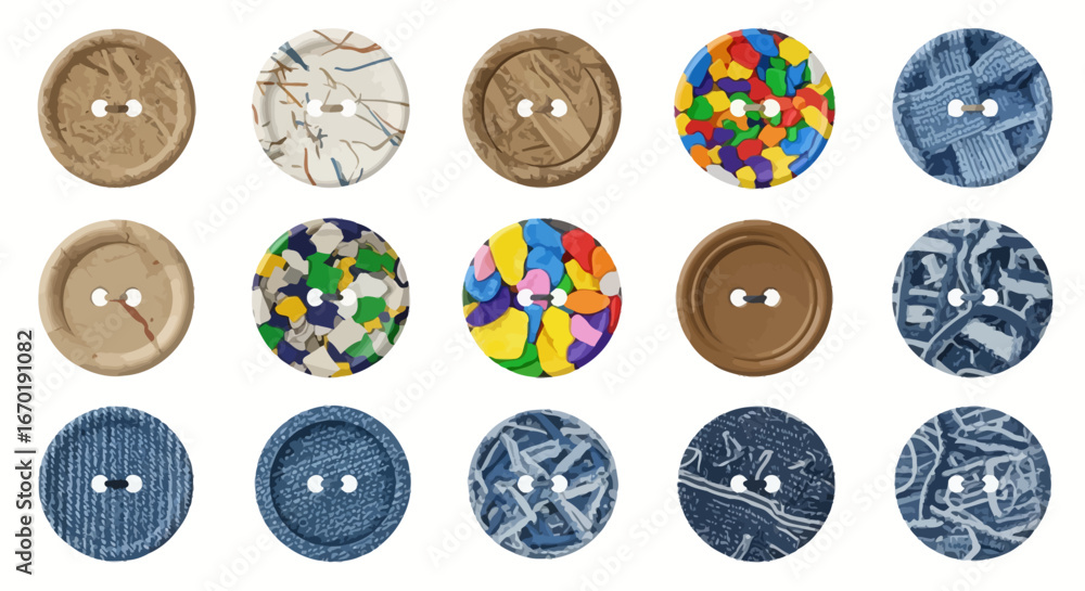 Fototapeta premium Vector Icons Set of Set of various sewing buttons including denim recycled plastic and classic styles isolated on white background. Vector Illustrations. EPS Editable