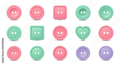 Vector Icons Set of Set of Pink Green and Purple Plastic Sewing Buttons Isolated on White Background. Vector Illustrations. EPS Editable