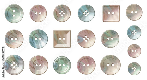 Vector Icons Set of Set of realistic mother of pearl buttons in various shapes and sizes. Vector Illustrations. EPS Editable