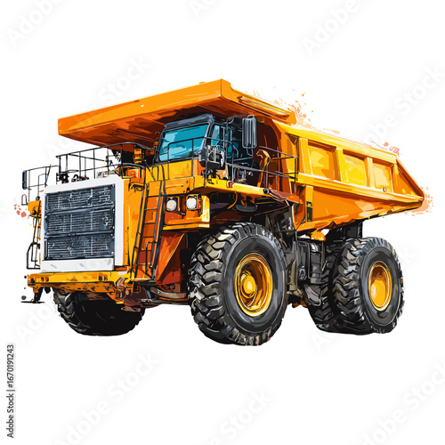 This is a detailed illustration of a massive mining dump truck, designed for transporting large amounts of materials in mining operations. The bright yellow truck is shown in a rugged, dusty environme