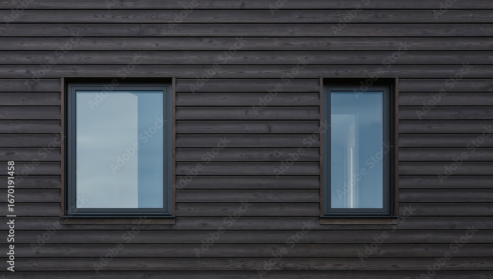Fototapeta premium Two Windows on a Dark Wood Facade, Horizontal Planks with Visible Grain.