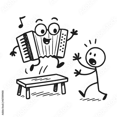 Animated accordion playing music on bench with startled stick figure, vector illustration on transparent background