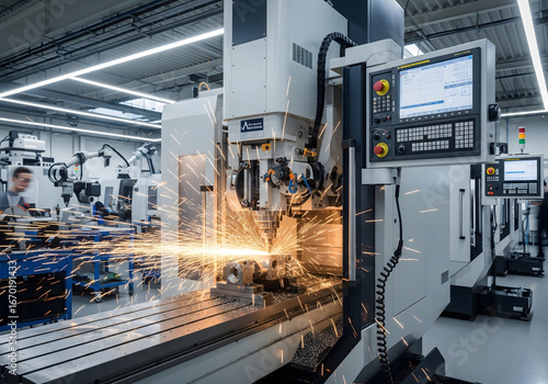 Precision Metalworking in Modern Factory with CNC Machine Sparks