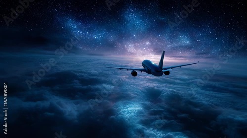 A passenger aircraft journeys through a starry sky creating a dreamlike panorama of interstellar flight traversing clouds.