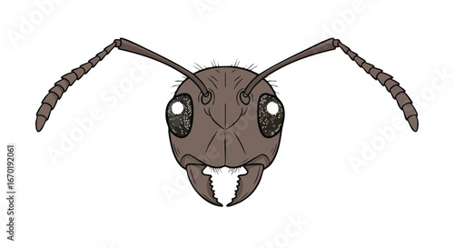 Close-up illustration of an ant's head, showing detailed anatomy.