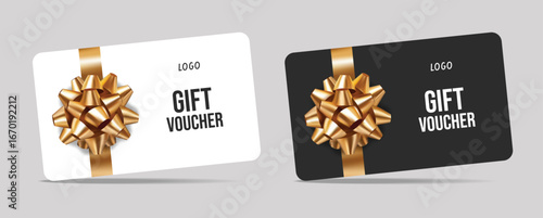 3d realistic gift cards with a ribbon bow. Gift Certificate Template, Sale Card, Birthday, Christmas