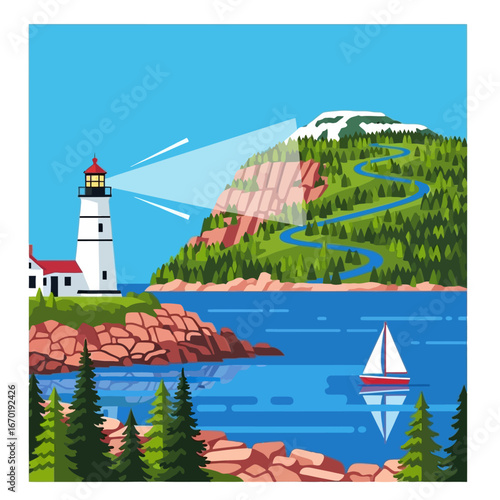 Maine coast landscape scenic lighthouse shining on a rocky shoreline with sailboat sailing evoking tranquility for travel and coastal tourism marketing.
