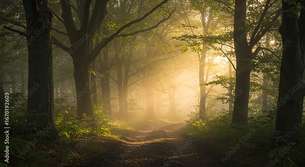 Obraz premium Sunlit Forest Path: A Misty Morning Scene