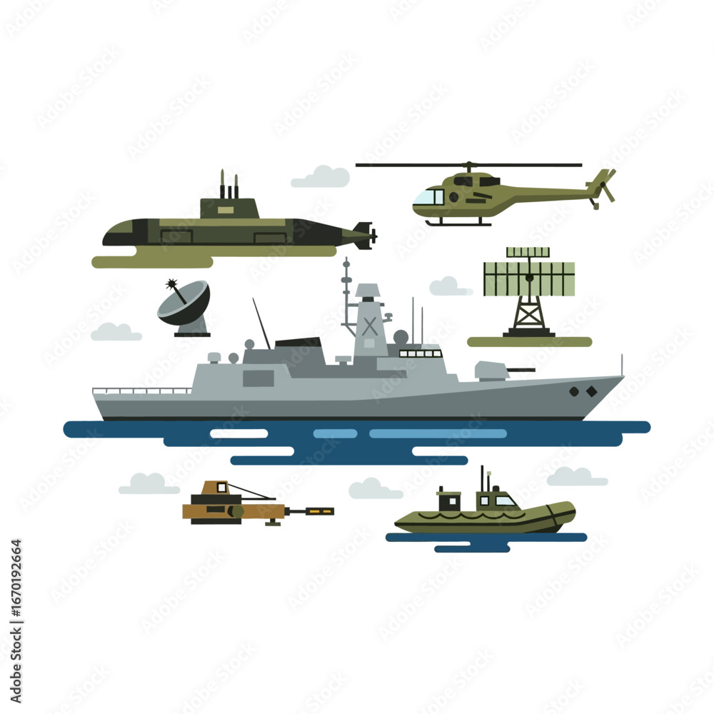 Fototapeta premium military assets illustration frigate submarine helicopter radar and patrol boat demonstrating naval power for defense industry materials