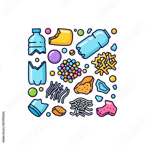 microplastics pollution problem scattered pieces of degraded plastic bottles granules and fragments illustrating ocean pollution problems and marine life damage