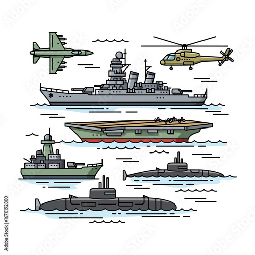 military vehicles a battleship fighter jet submarines carrier  helicopter illustration against white symbolizing naval power  defense ideal for military concepts