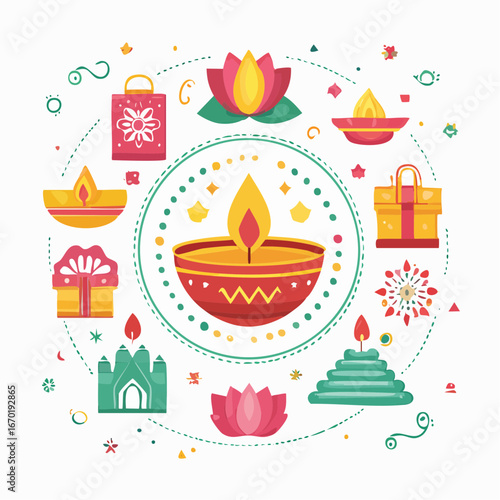 Diwali festival vector icon set with diya, rangoli, fireworks, and sweets. Clean flat design on white background, perfect for celebration graphics.
