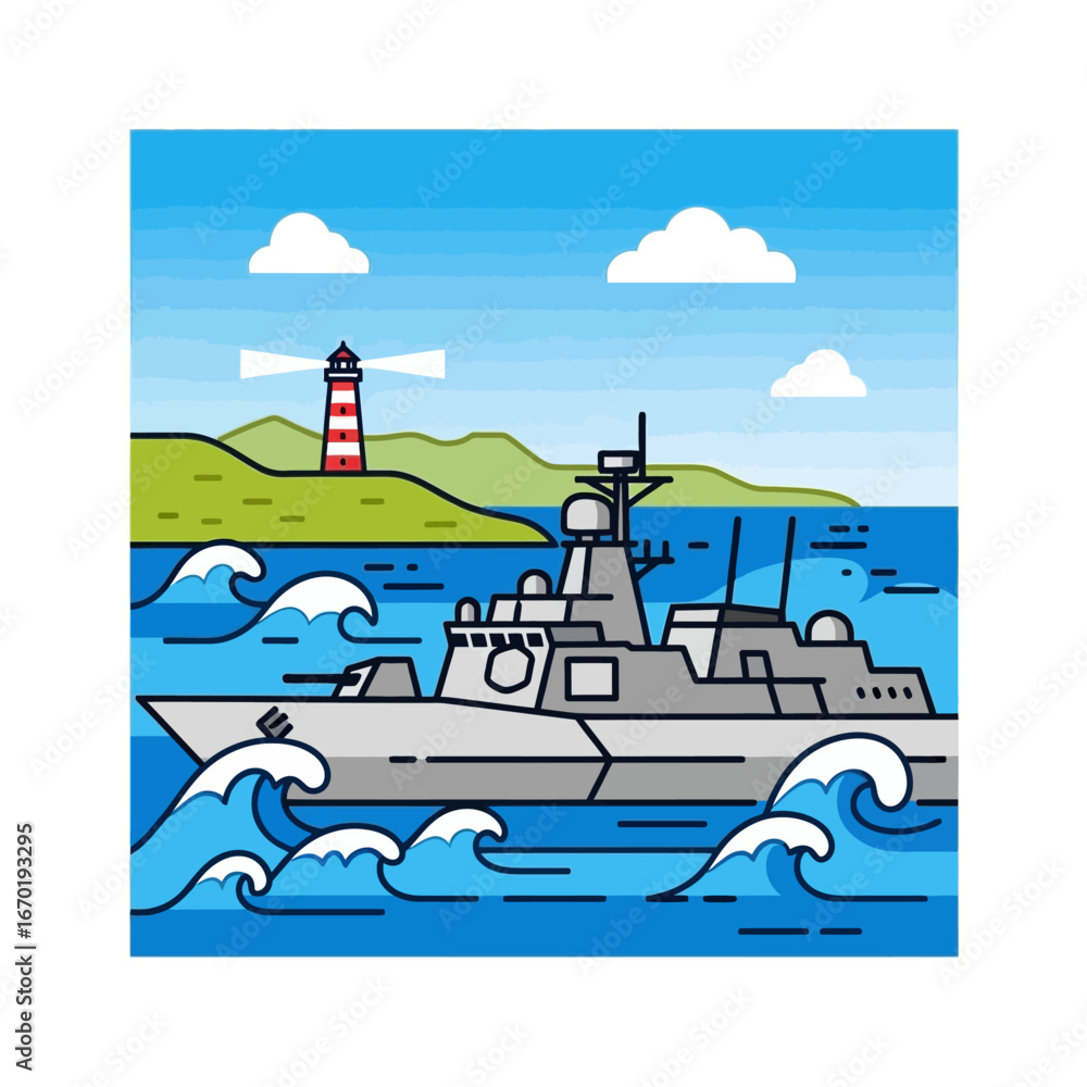 Naklejka premium naval warship navigating ocean waves near a coastal lighthouse under a blue sky conveying maritime defense perfect for military history illustrations