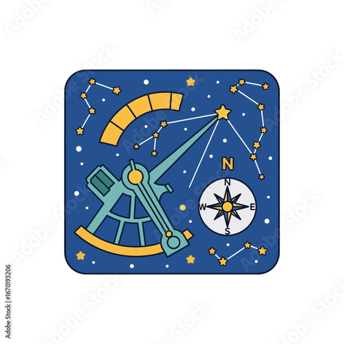 nautical sextant navigating by stars an astrological instrument for celestial navigation against a navy blue star-filled sky ideal for astronomy themes