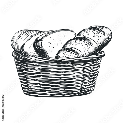 Basket of assorted bread loaves in detailed black and white illustration