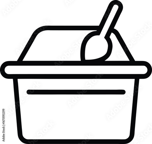 Minimal line art icon of a cat litter box with scoop. 