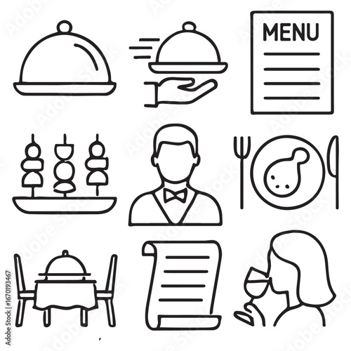 Catering line icon set. Catering service, food, delivery of ready meals, guest service, menu for an event, banquet vector