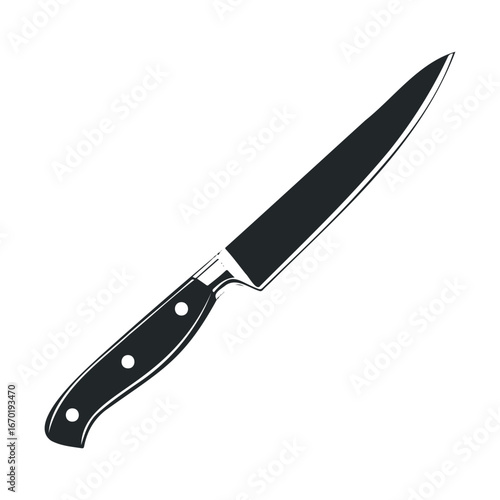 Black kitchen knife illustration with detailed handle and blade on white background