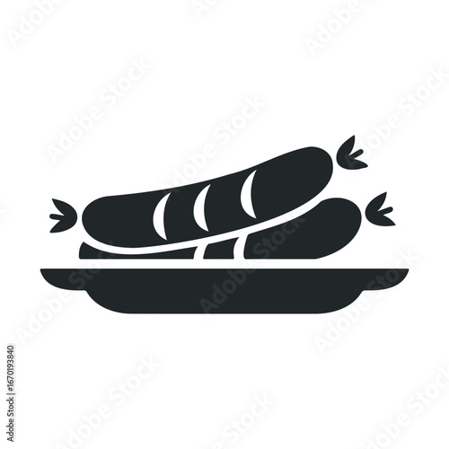 Monochrome icon of sausages on a plate in black and white design
