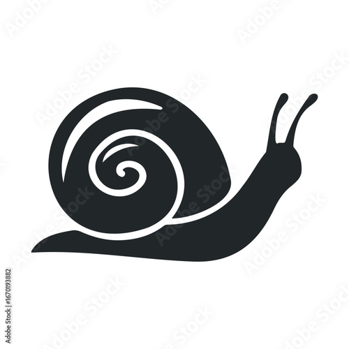 Black and white snail silhouette with spiral shell on white background