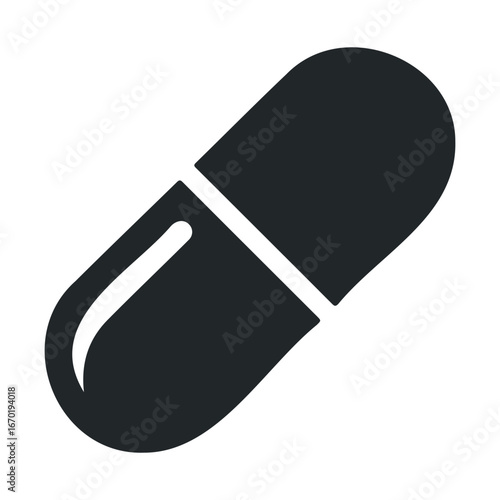 Black and white capsule icon - minimalist medicine symbol on white background