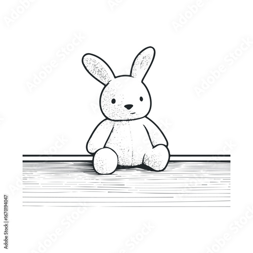 Sketch of a cute plush bunny toy on wooden shelf