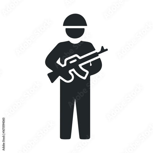 Minimalist icon of a soldier holding a rifle silhouette in black and white