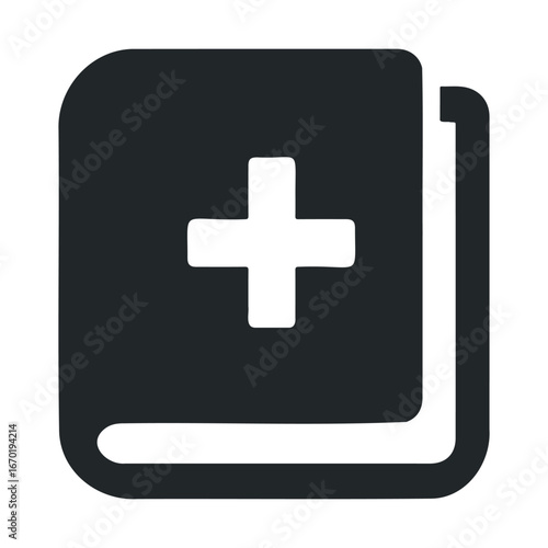 Medical book icon with cross symbol on black cover for healthcare and medicine