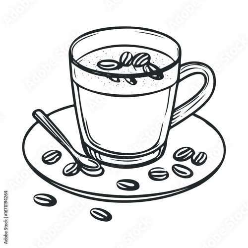 Hand-drawn coffee cup with saucer and coffee beans illustration