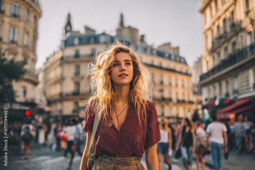 Fototapeta premium Person Emotionless. Young French Woman Walking in Parisian Streets