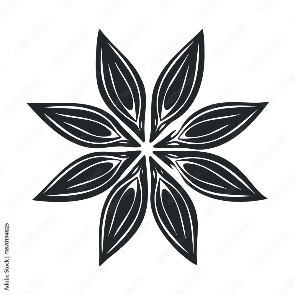 Fototapeta premium Abstract black floral star pattern with symmetrical leaf design