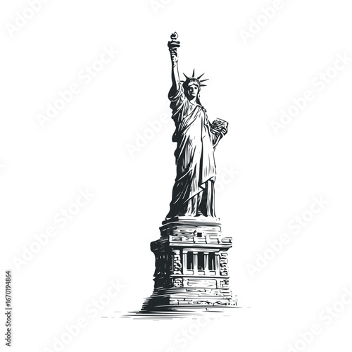 Detailed black and white illustration of the statue of liberty on pedestal