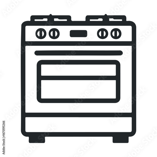 Simple black and white illustration of a kitchen stove with oven and burners