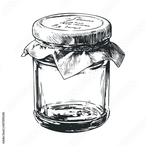 Ink drawing of a lidded glass jar with fabric covering