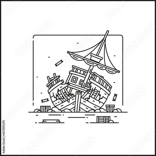 shipwreck illustration a vessel lies broken on the ocean floor marine debris scattered around ideal for nautical themes and adventure games.