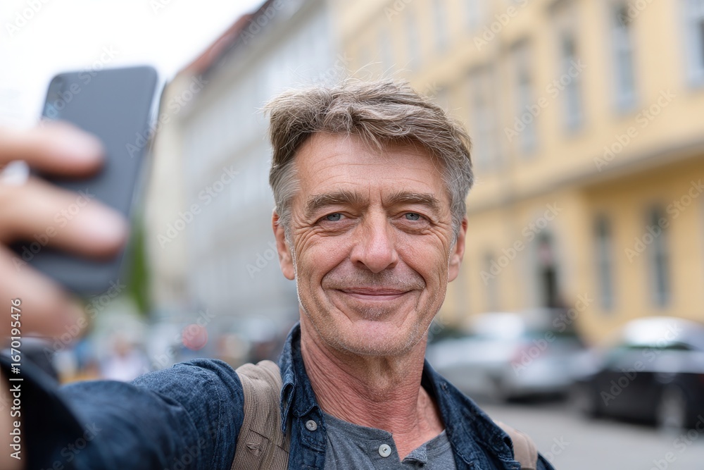 Fototapeta premium Selfie Older. Portrait of a happy mature caucasian man smiling at the camera in the city street