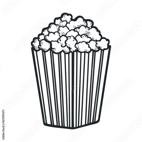 Retro black and white popcorn illustration in classic striped box