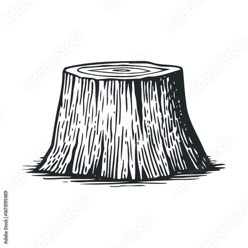 Detailed black and white illustration of a tree stump with growth rings