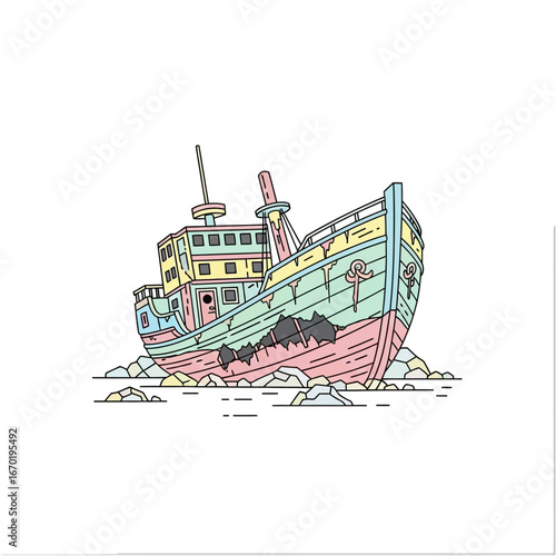 shipwreck illustration an old ship marooned on rocks a whimsical cartoonish scene showing decay and the passage of time ideal for nautical themes.